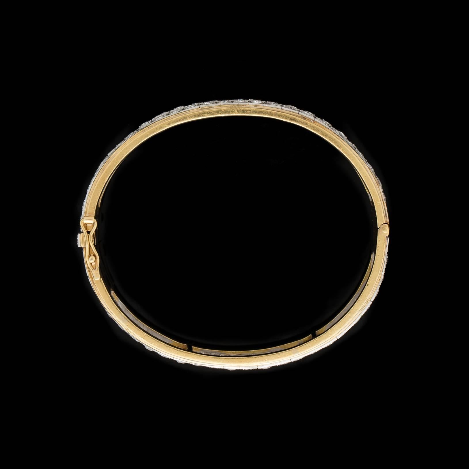 1950s Old European Cut Diamond Gold Platinum Bangle Bracelet In Excellent Condition For Sale In San Francisco, CA