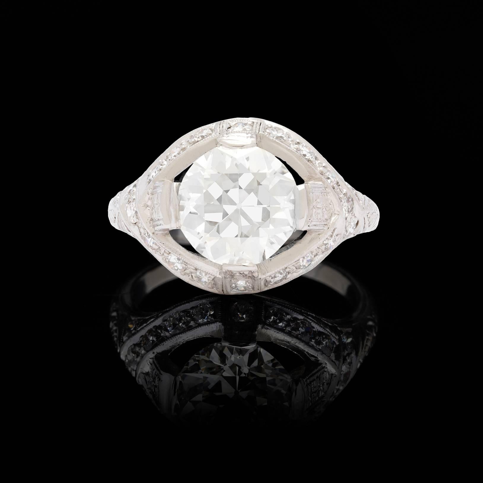 Round Cut Art Deco 2.78 Carat GIA Cert Round Transitional Cut Diamond Platinum Ring 