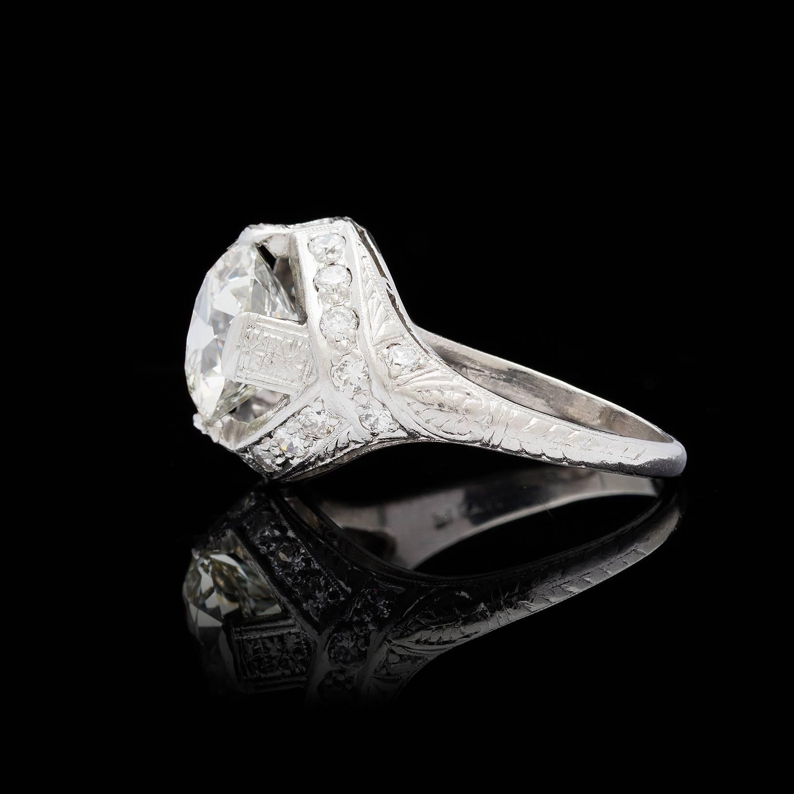 Women's Art Deco 2.78 Carat GIA Cert Round Transitional Cut Diamond Platinum Ring 