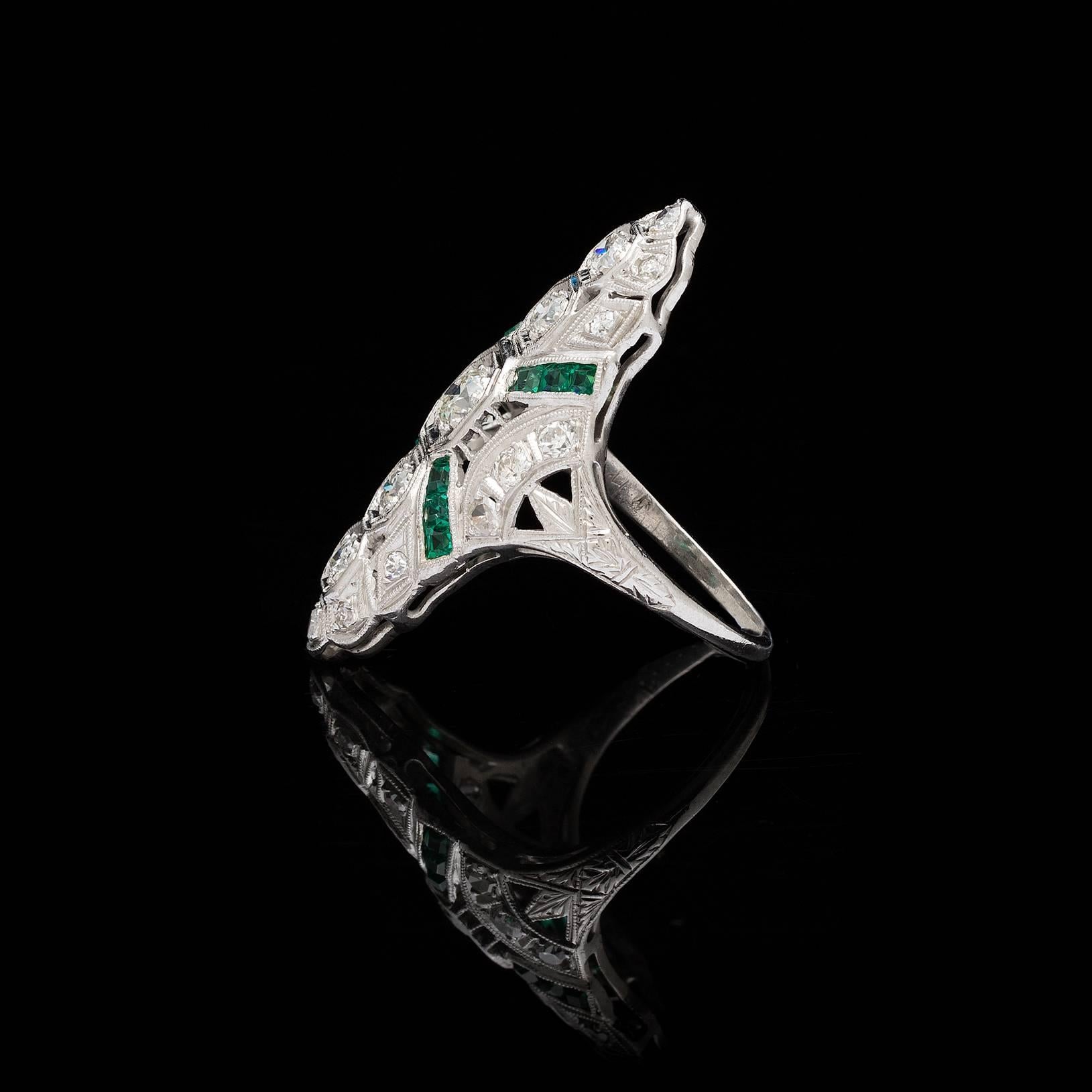Art Deco North South Emerald Diamond Platinum Ring In Excellent Condition In San Francisco, CA