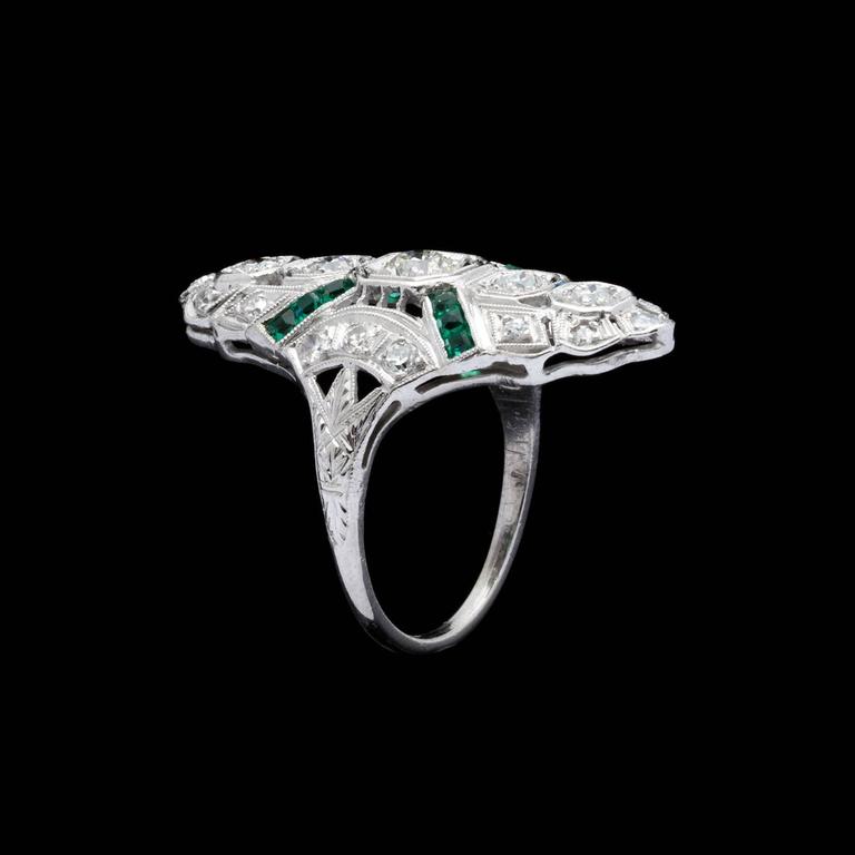 Art Deco North South Emerald Diamond Platinum Ring at 1stDibs