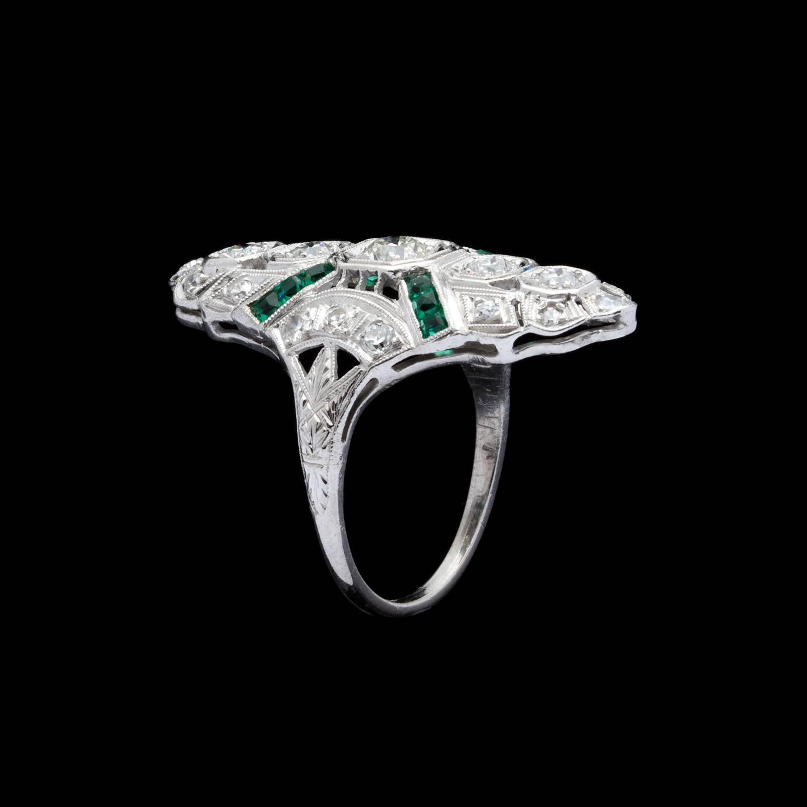 Women's Art Deco North South Emerald Diamond Platinum Ring