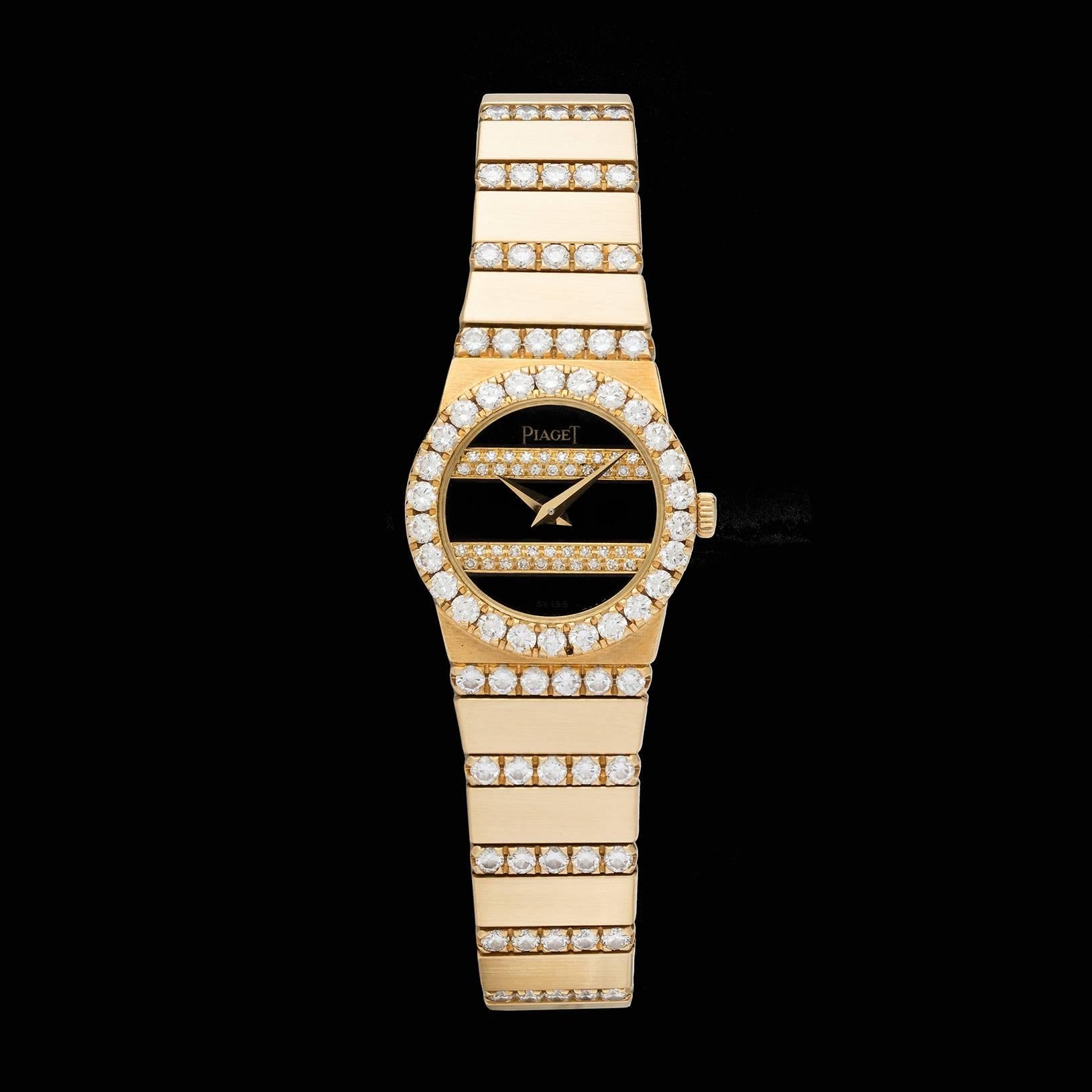 Classic Piaget Polo 18k yellow gold ladies watch with diamond bracelet, bezel, and dial combined with onyx. The watch case size is 20mm, and length of watch is 6.75 inches. Total weight is 69.2 grams. The watch movement is quartz battery operated. A