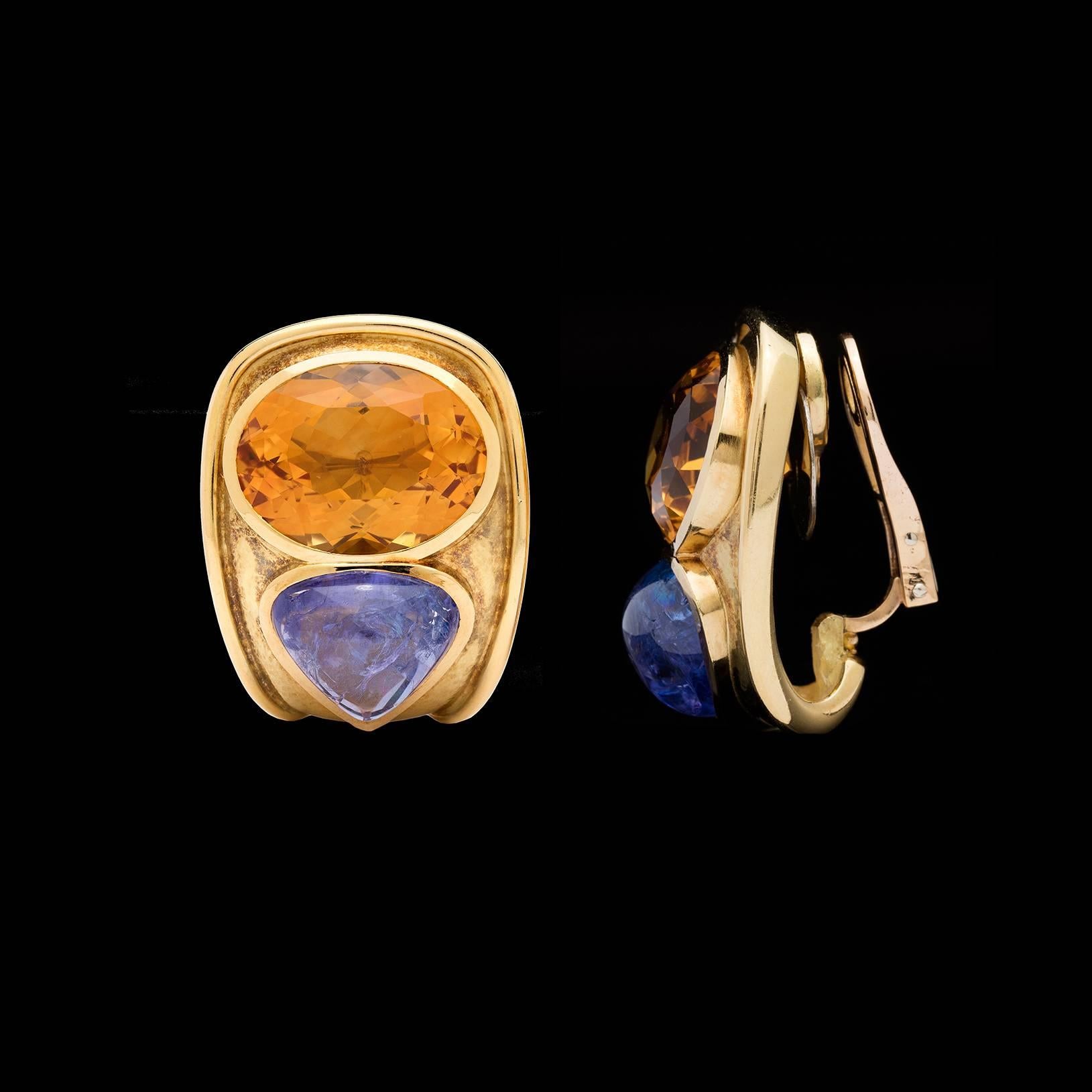 Contemporary De Vroomen Citrine Tanzanite Gold Clip Earrings