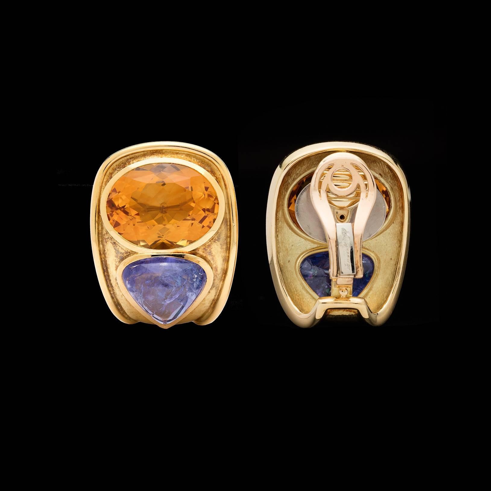 De Vroomen Citrine Tanzanite Gold Clip Earrings In Excellent Condition In San Francisco, CA