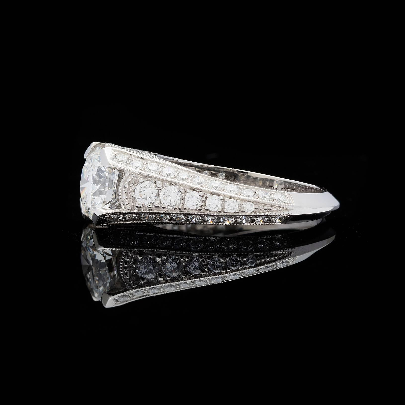 1.31 Carat GIA Cert Round Brilliant Diamond Platinum Ring In Excellent Condition In San Francisco, CA