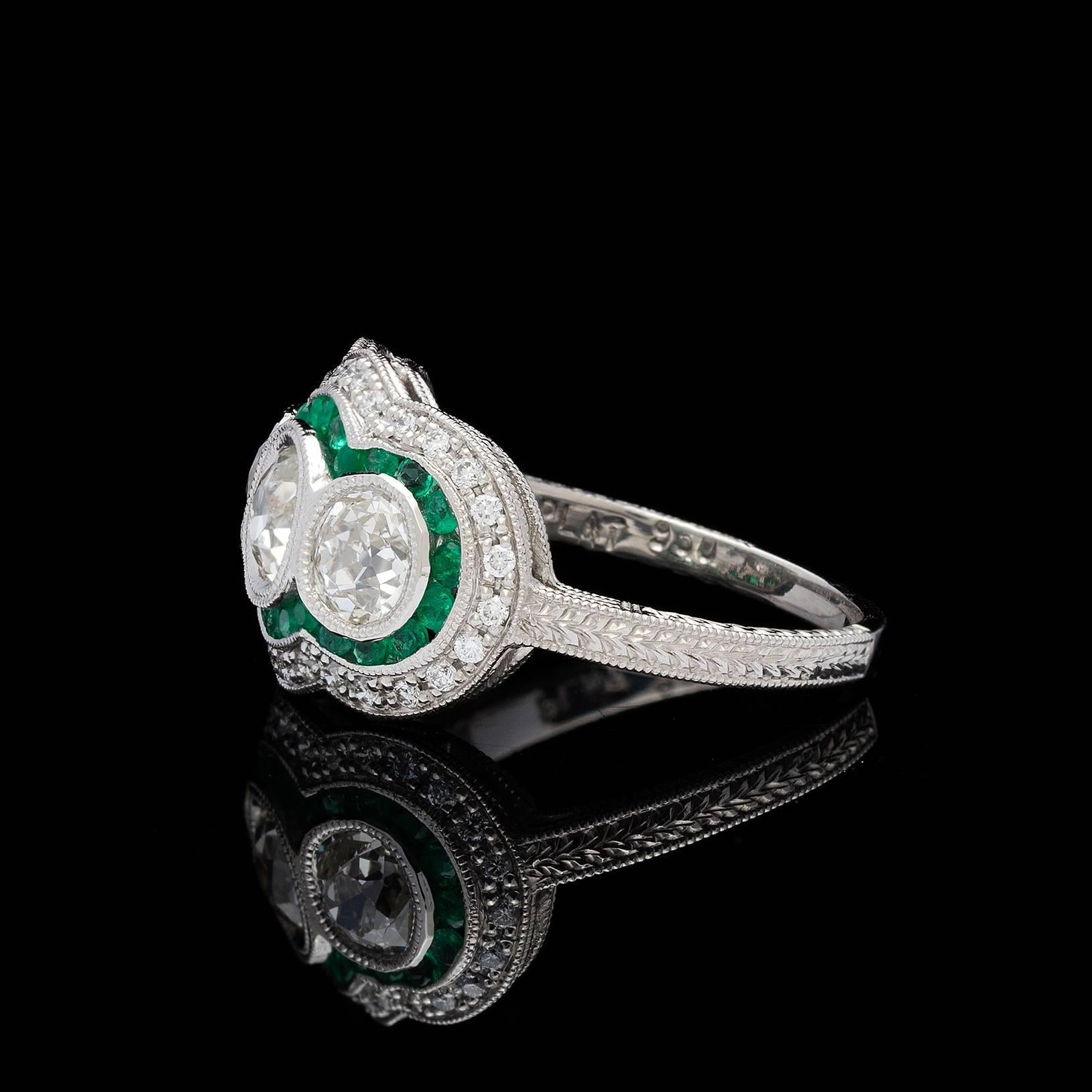 Edwardian Three Stone Old Mine Cut Diamond Emerald Platinum Ring