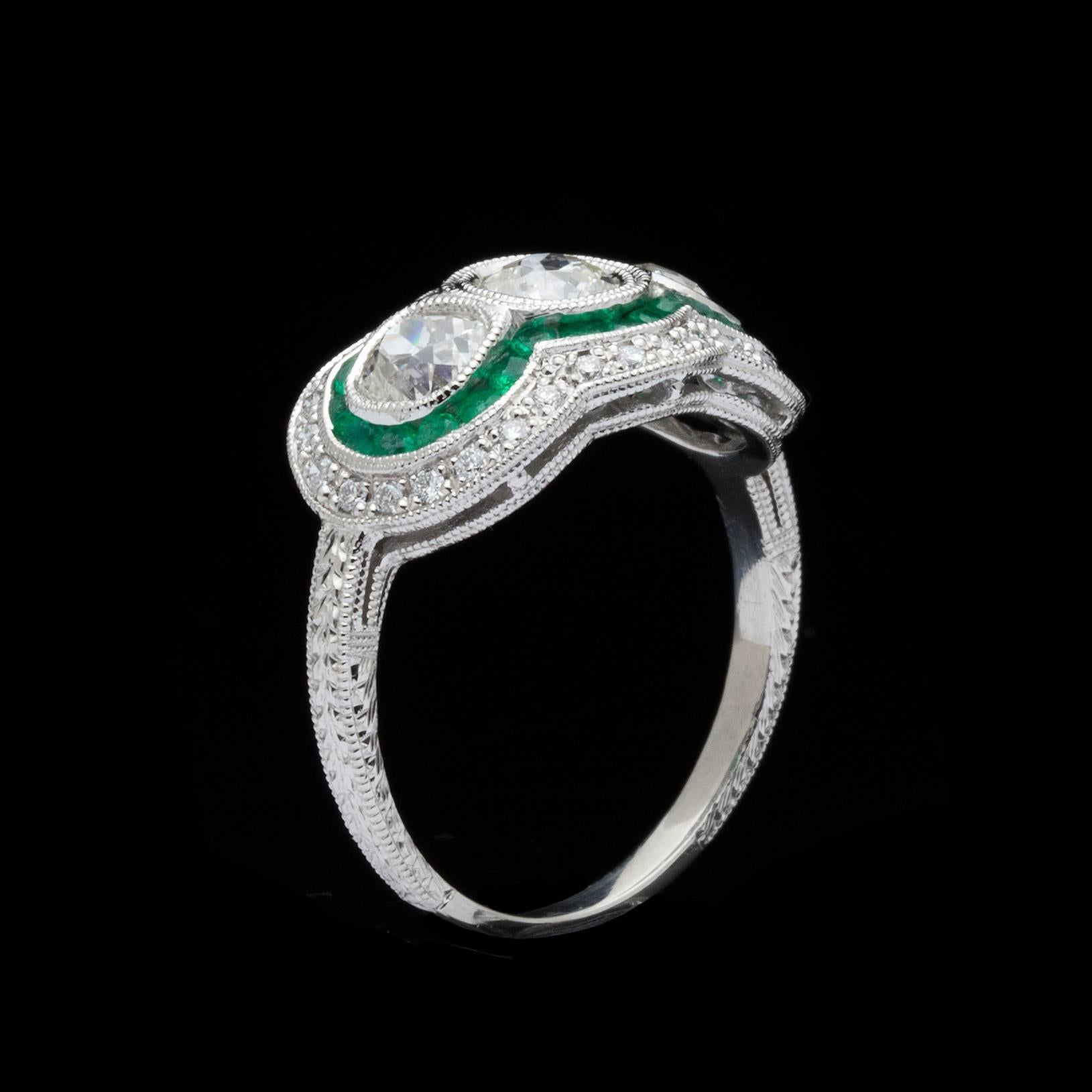 Three Stone Old Mine Cut Diamond Emerald Platinum Ring In Excellent Condition In San Francisco, CA