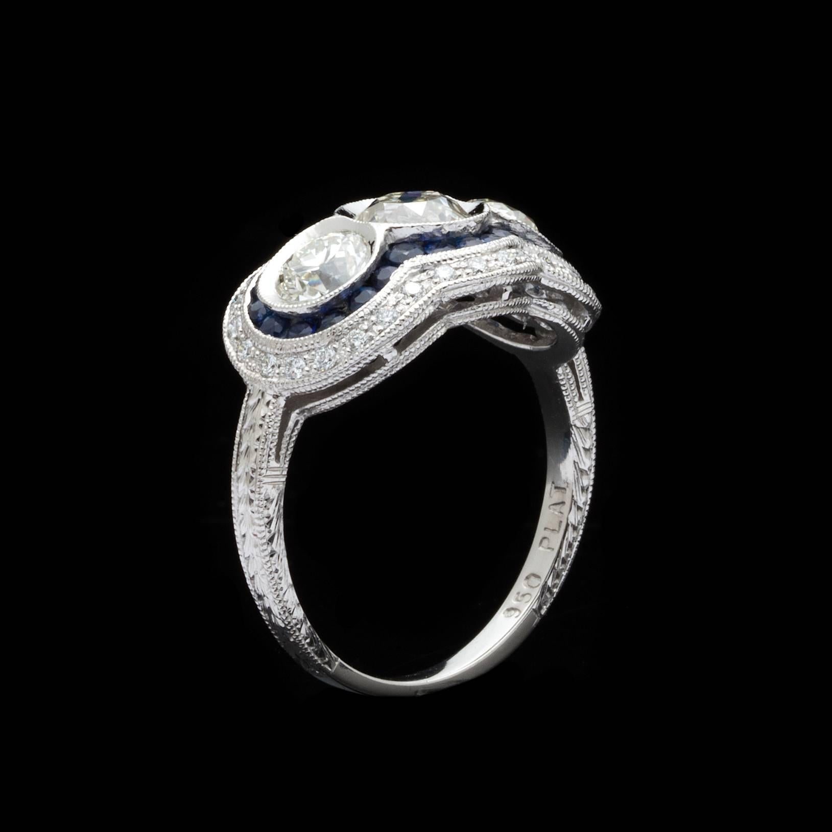 Old European Cut Sapphire Diamond Platinum Ring  In Excellent Condition In San Francisco, CA