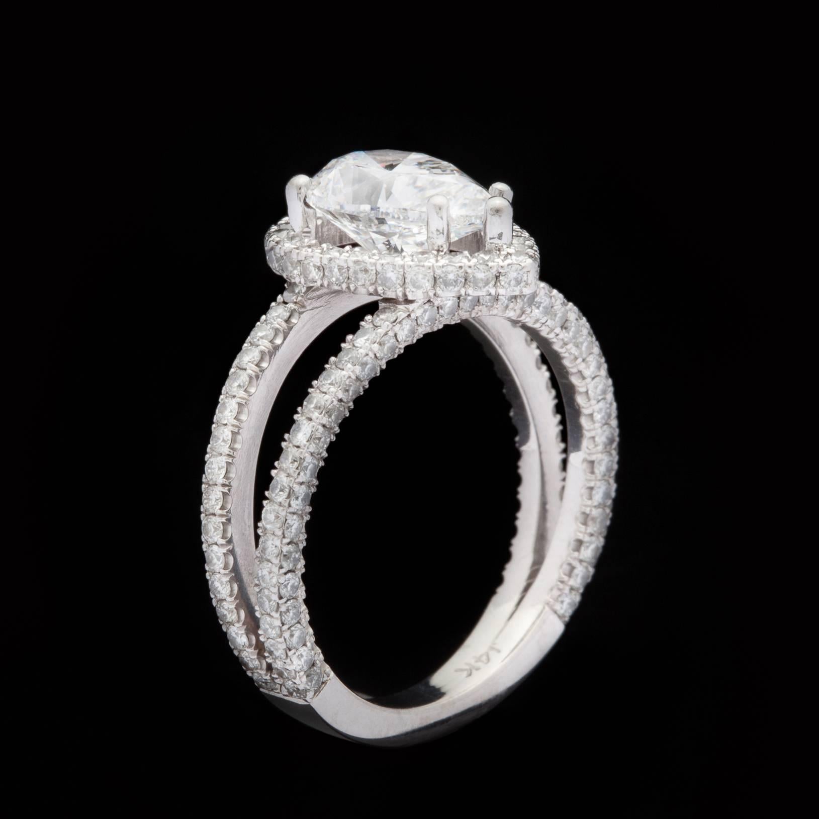 Colorless 1.78 Carat GIA Cert Pear Shape Diamond Gold Ring Set In Excellent Condition In San Francisco, CA