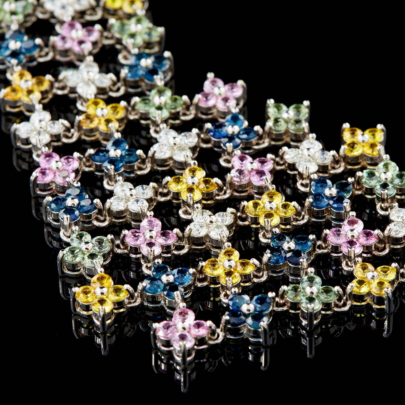 Women's Multicolor Sapphire Diamond Gold Flower Necklace