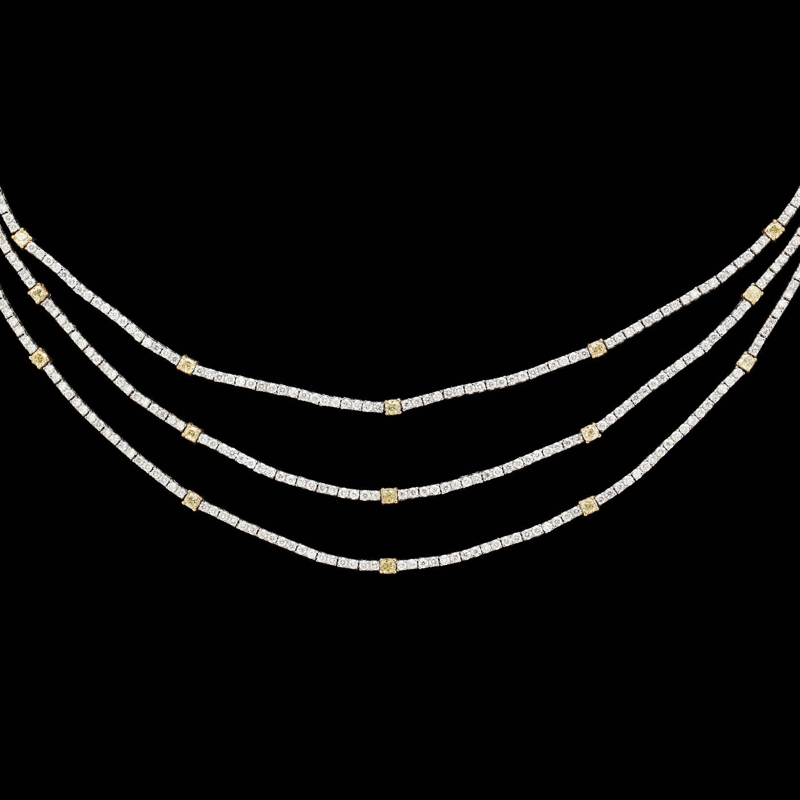 Contemporary Salavetti Three Strand Diamond Gold Necklace