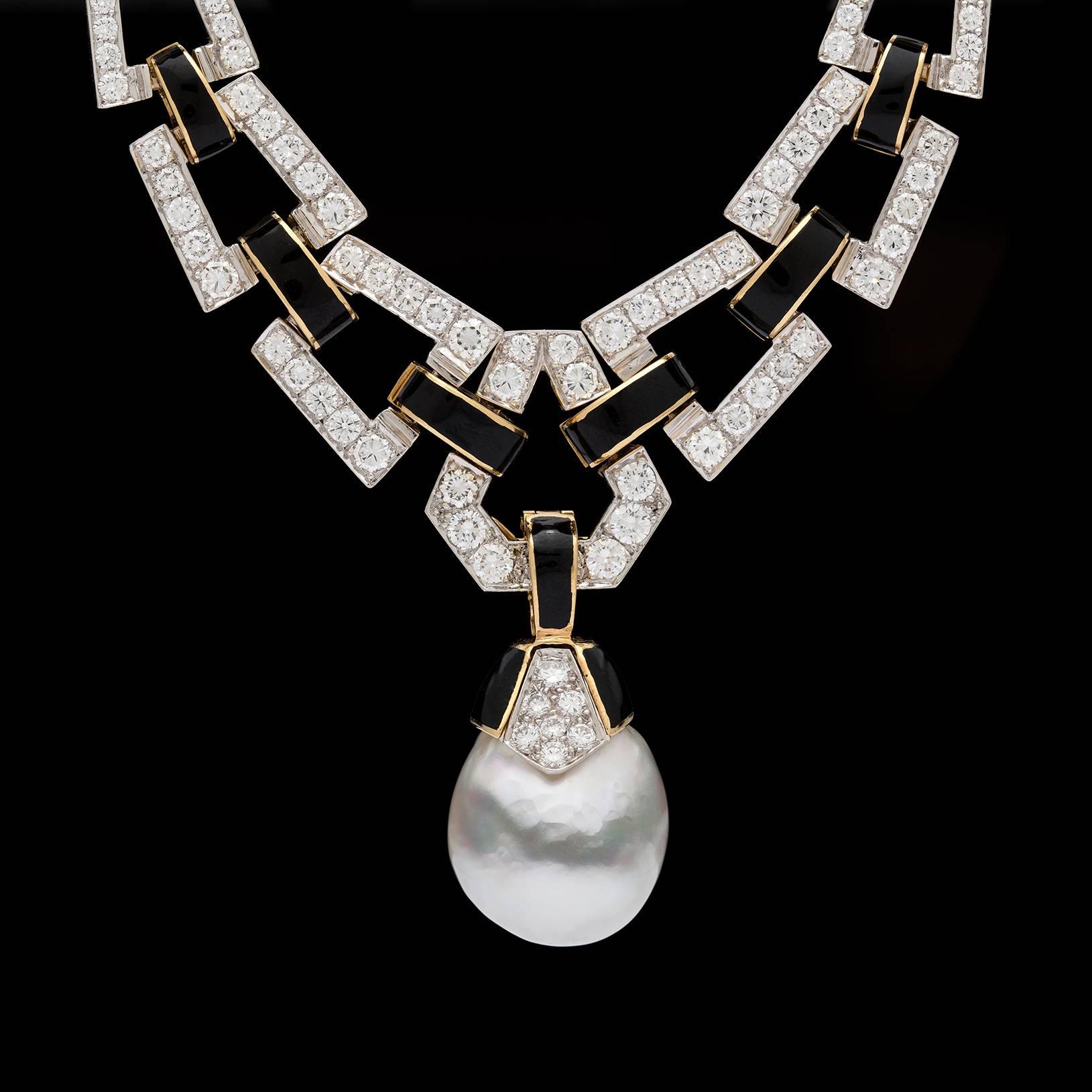 Round Cut David Webb Black Enamel Baroque Pearl Diamond Gold Link Necklace