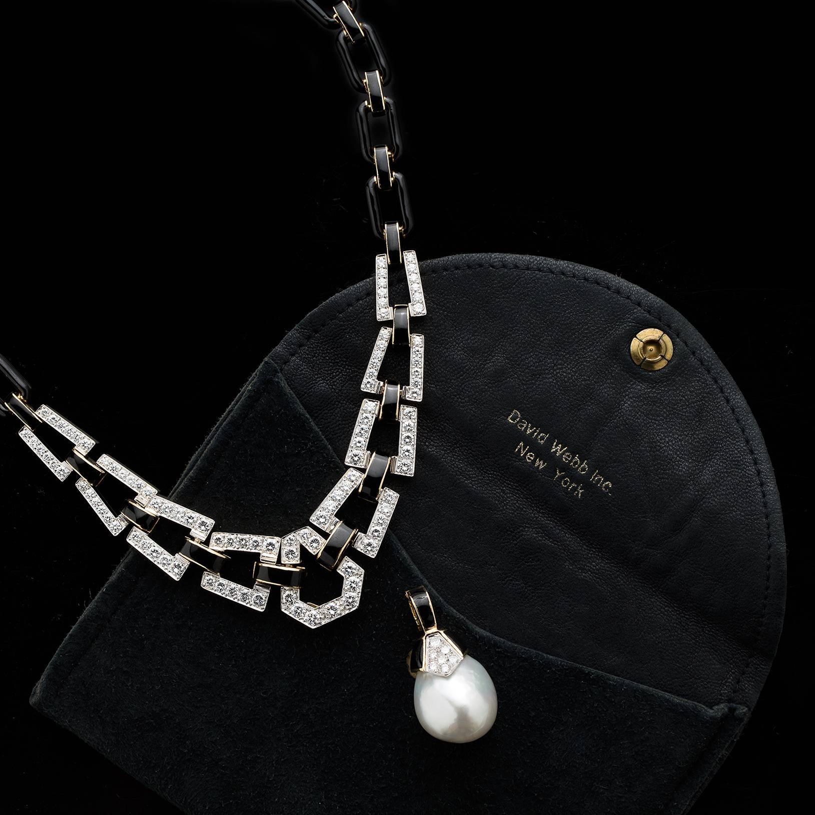 David Webb Black Enamel Baroque Pearl Diamond Gold Link Necklace In Excellent Condition In San Francisco, CA
