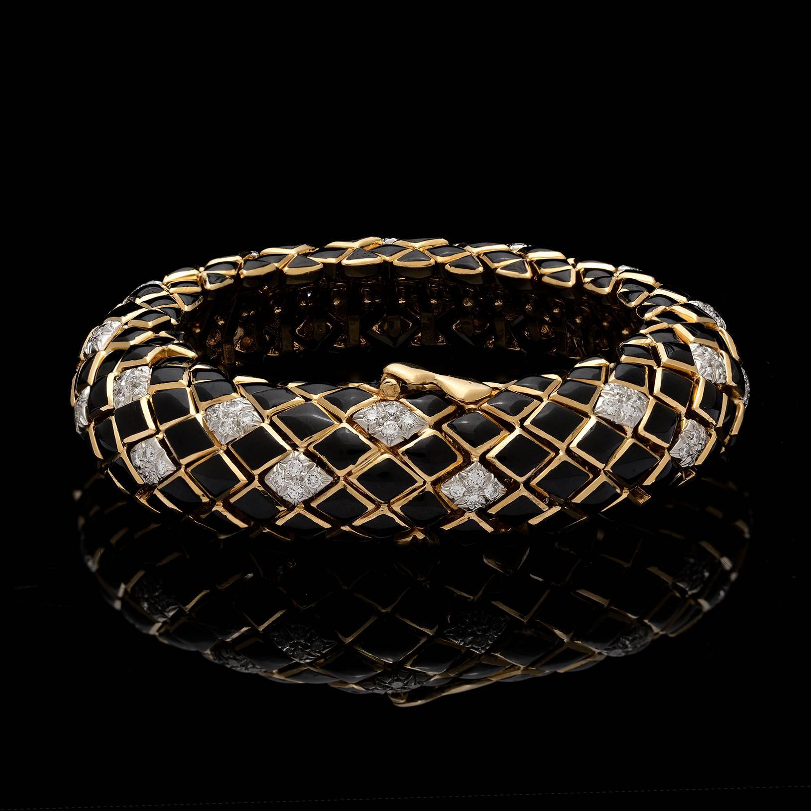 David Webb - Bracelet en émail noir et diamant d'or Excellent état - En vente à San Francisco, CA