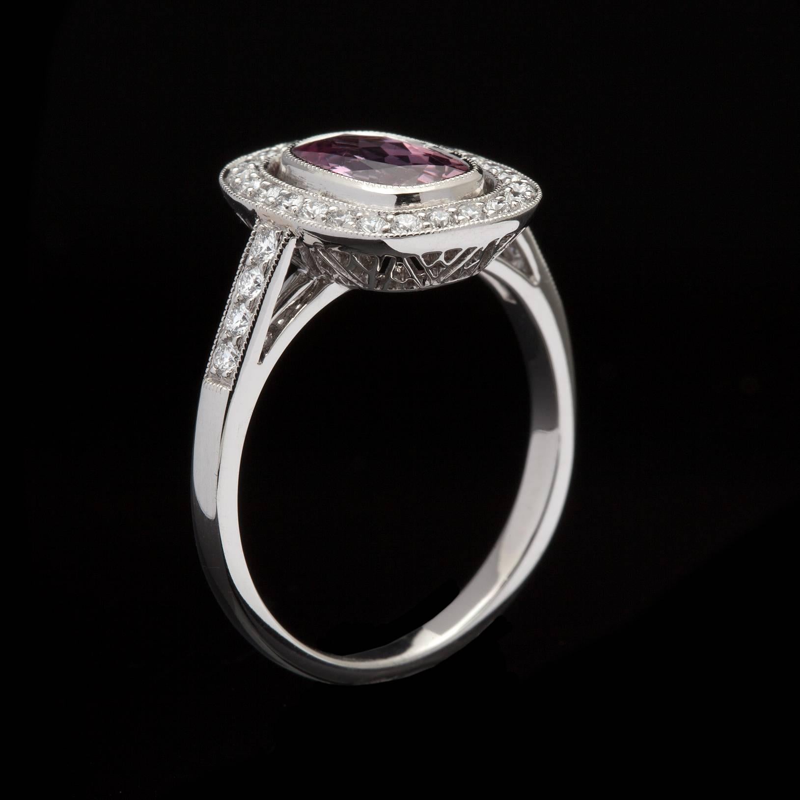 Women's GIA No Heat Pink Sapphire Diamonds Platinum Halo Ring