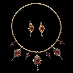 Antique Victorian Holbeinesque Garnet Pearl Diamond Necklace Earrings Set