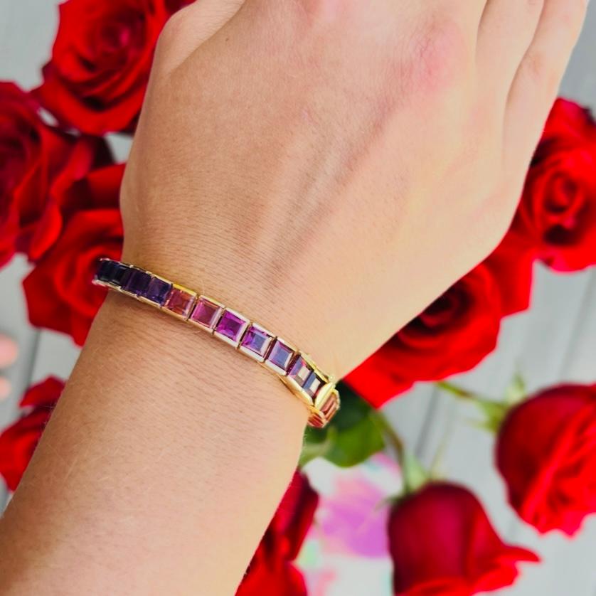 Pulsera vintage de oro de 14k y arco iris semiprecioso Corte cuadrado en venta