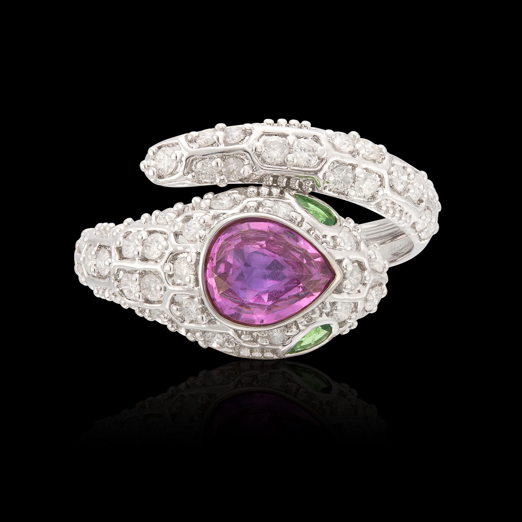 No Heat Padparadscha Saphir & Diamant Schlangenring (Tropfenschliff) im Angebot