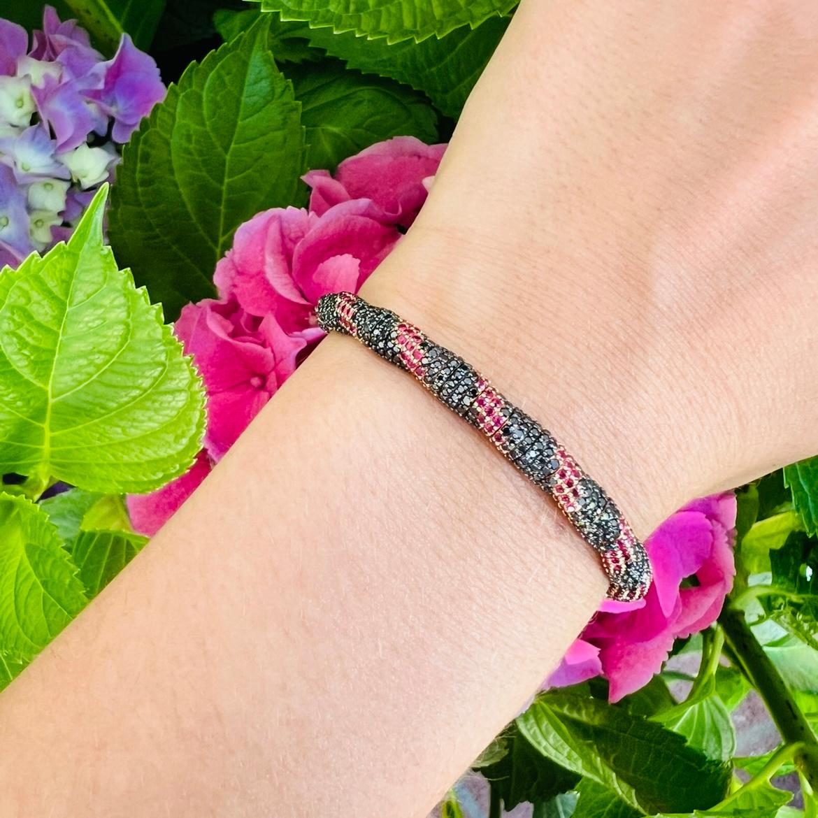 Round Cut Roberto Demeglio Black Diamond & Ruby Stretch Bracelet For Sale