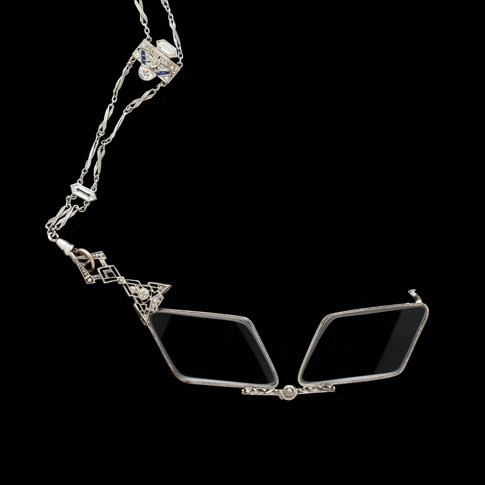 Art Deco Sapphire Diamond Platinum Lorgnette Necklace