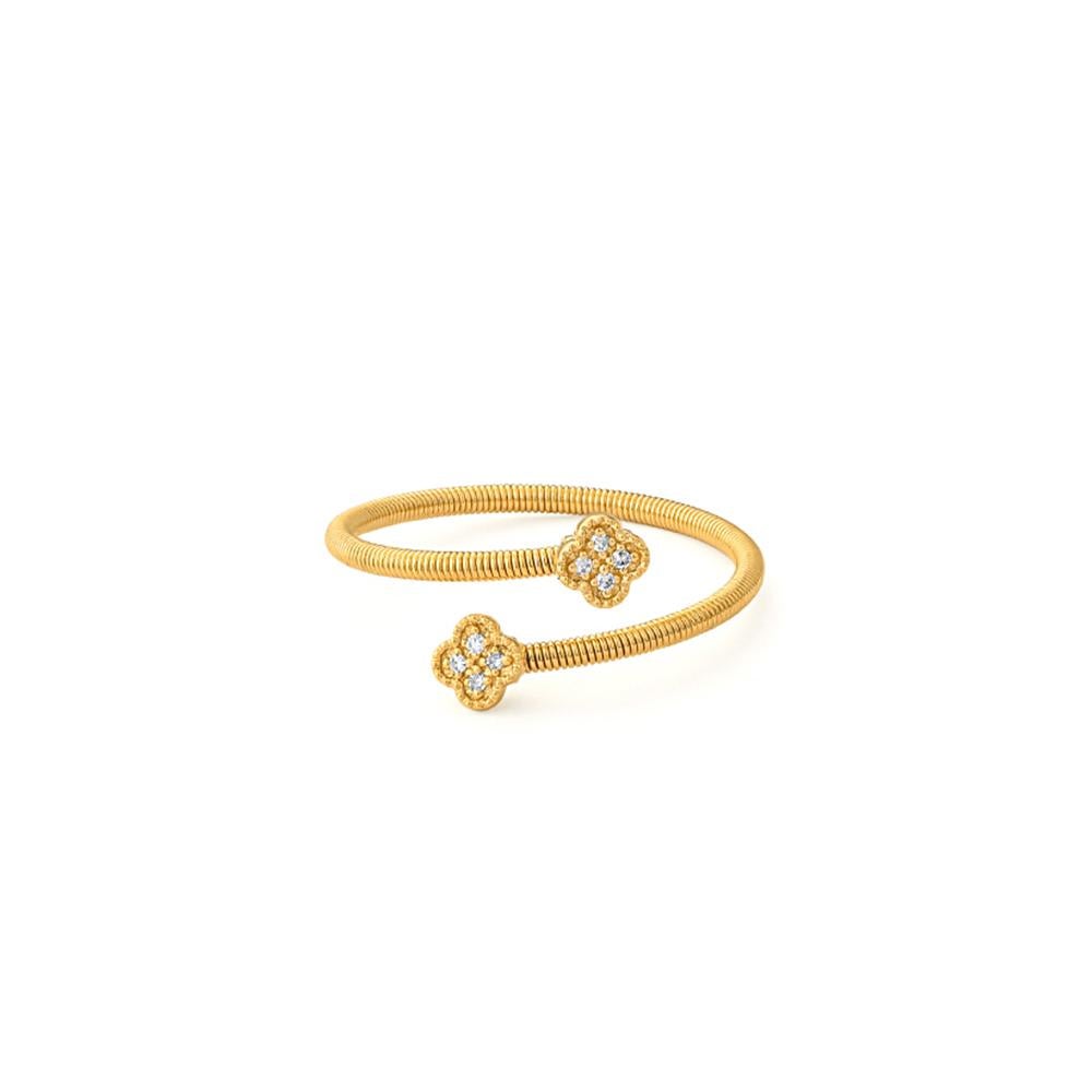 Dieser Ring aus 18-karätigem Gelbgold zeigt zwei zierliche blumenförmige Motive, die mit runden Brillanten besetzt sind, in einem frischen, floralen Look. Das gewundene Goldband verleiht diesem femininen Design ein elegantes, modernes