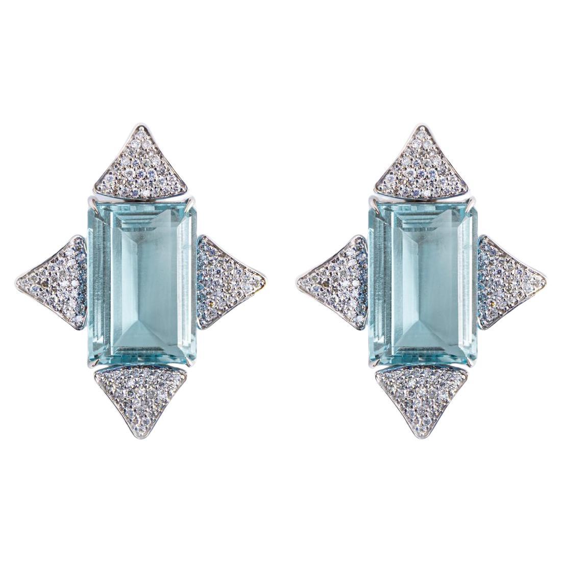 Rectangular Sky Topaz And Diamond Pave Pagoda Drop Earrings / 18k White Gold