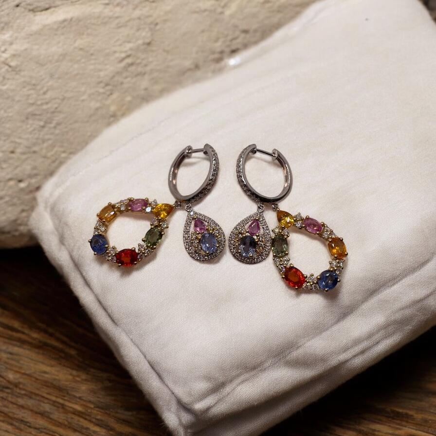 Orecchino doppio con zaffiro multiplo e diamante da 7,34 carati In condizioni Nuovo in vendita a Hong Kong, HK