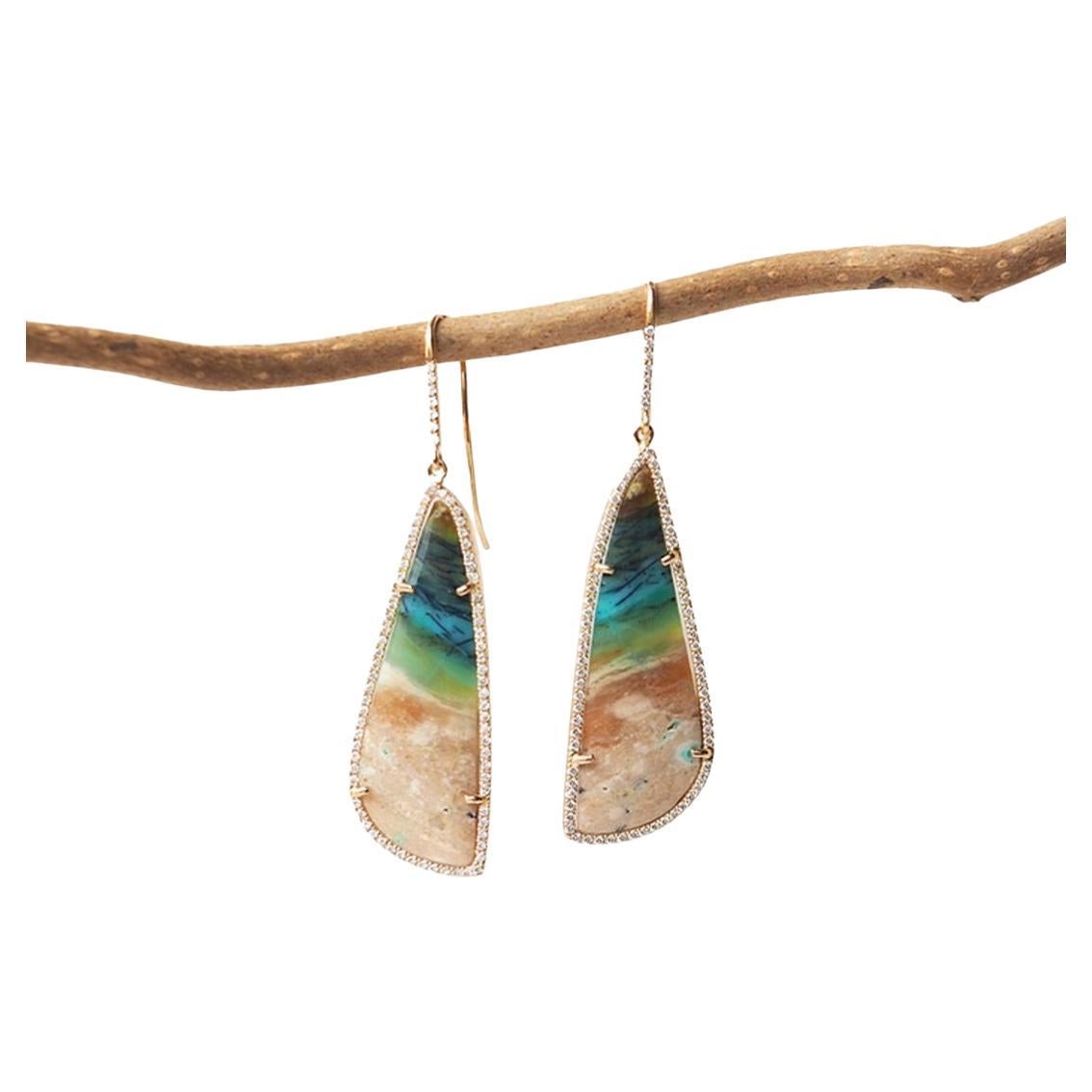 Opalized Petrified Wood 'Lagoon' Earrings, 18k rose gold, 0.67ct diamonds For Sale
