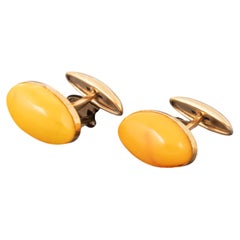 Gold Cufflinks with Honey Amber Cabochons, Mid-20th Century