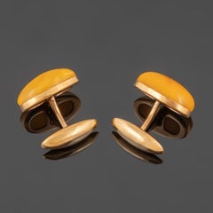 Gold Cufflinks with Honey Amber Cabochons, Mid-20th Century