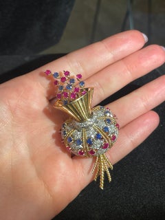 Vintage 19.2K Yellow Gold Ruby Sapphire Diamond Flower Basket Brooch