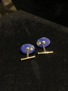 Elegant 14K Yellow Gold Lapis Lazuli and Diamond Cufflinks, Circa 1970