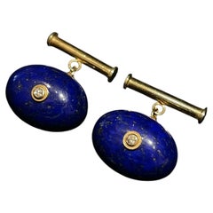 Elegant 14K Yellow Gold Lapis Lazuli and Diamond Cufflinks, Circa 1970