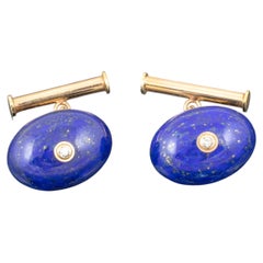 Elegant 14K Yellow Gold Lapis Lazuli and Diamond Cufflinks, Circa 1970