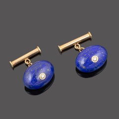 Elegant 14K Yellow Gold Lapis Lazuli and Diamond Cufflinks, Circa 1970