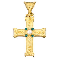 19.2K Yellow Gold Cross Pendant with Pearl and Glass Cabochons
