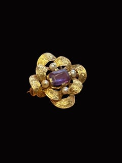 Portuguese 19.2K Gold Amethyst and Pearl Floral Brooch Pin