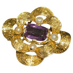 Portuguese 19.2K Gold Amethyst and Pearl Floral Brooch Pin