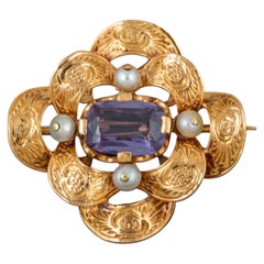 Portuguese 19.2K Gold Amethyst and Pearl Floral Brooch Pin