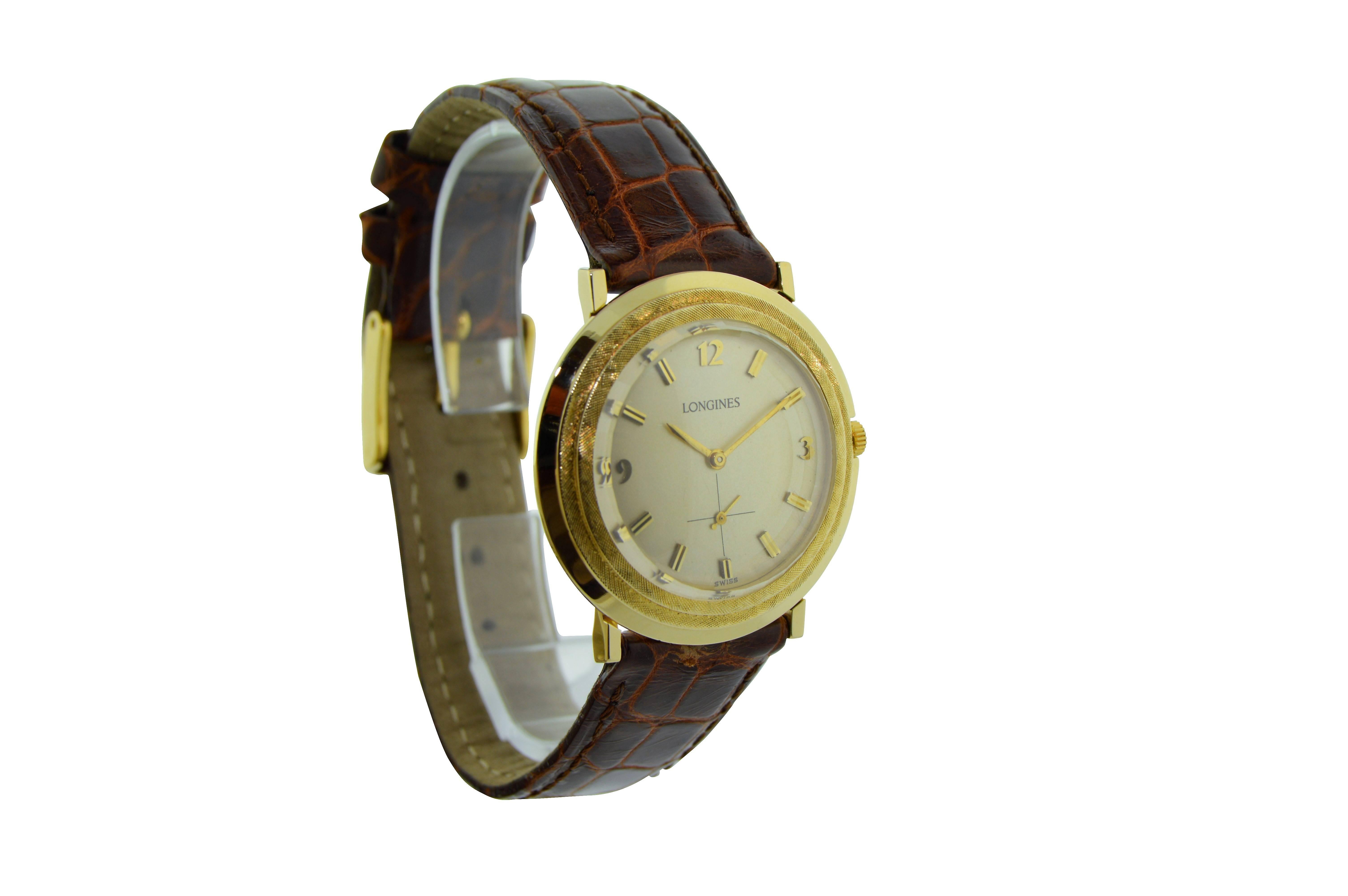 FACTORY / HOUSE: Longines Watch Company
STYLE / REFERENCE: Round / Moderne
METAL / MATERIAL: 14Kt. Solid Yellow Gold
DIMENSIONS:  34mm  X  33mm
CIRCA:  
MOVEMENT / CALIBER: 17 Jewels / Manual Winding
DIAL / HANDS: Original Silvered / Baton