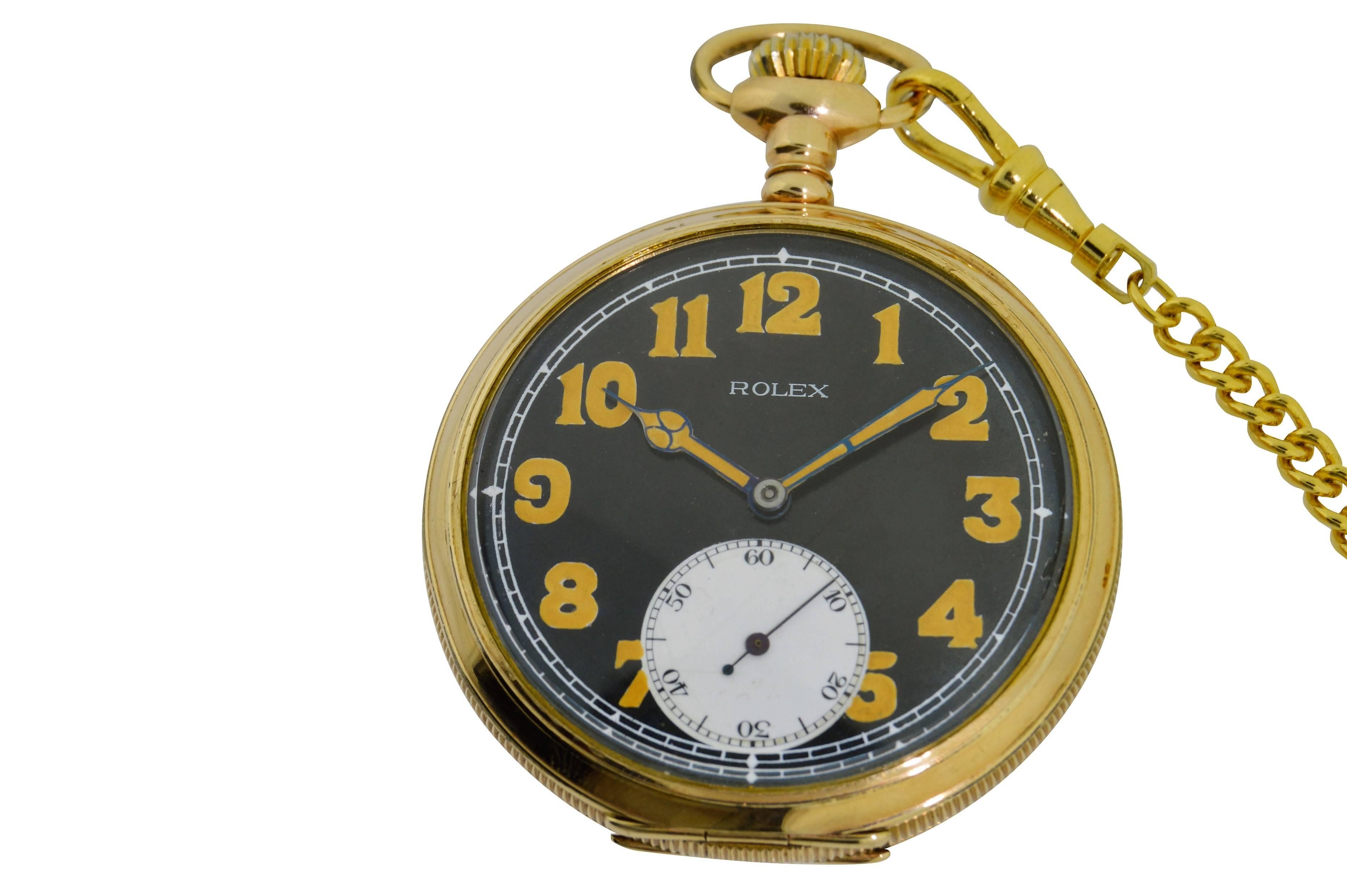 FACTORY / HOUSE: Rolex Watch Company
STYLE / REFERENCE: Pocket Watch / Open Faced
METAL / MATERIAL: Heavy Sheet Gold Filled
DIMENSIONS:  50mm  X  50mm
CIRCA: 1915
MOVEMENT / CALIBER: 15 Jewels / Manual Winding
DIAL / HANDS: Original Black Kiln Fired