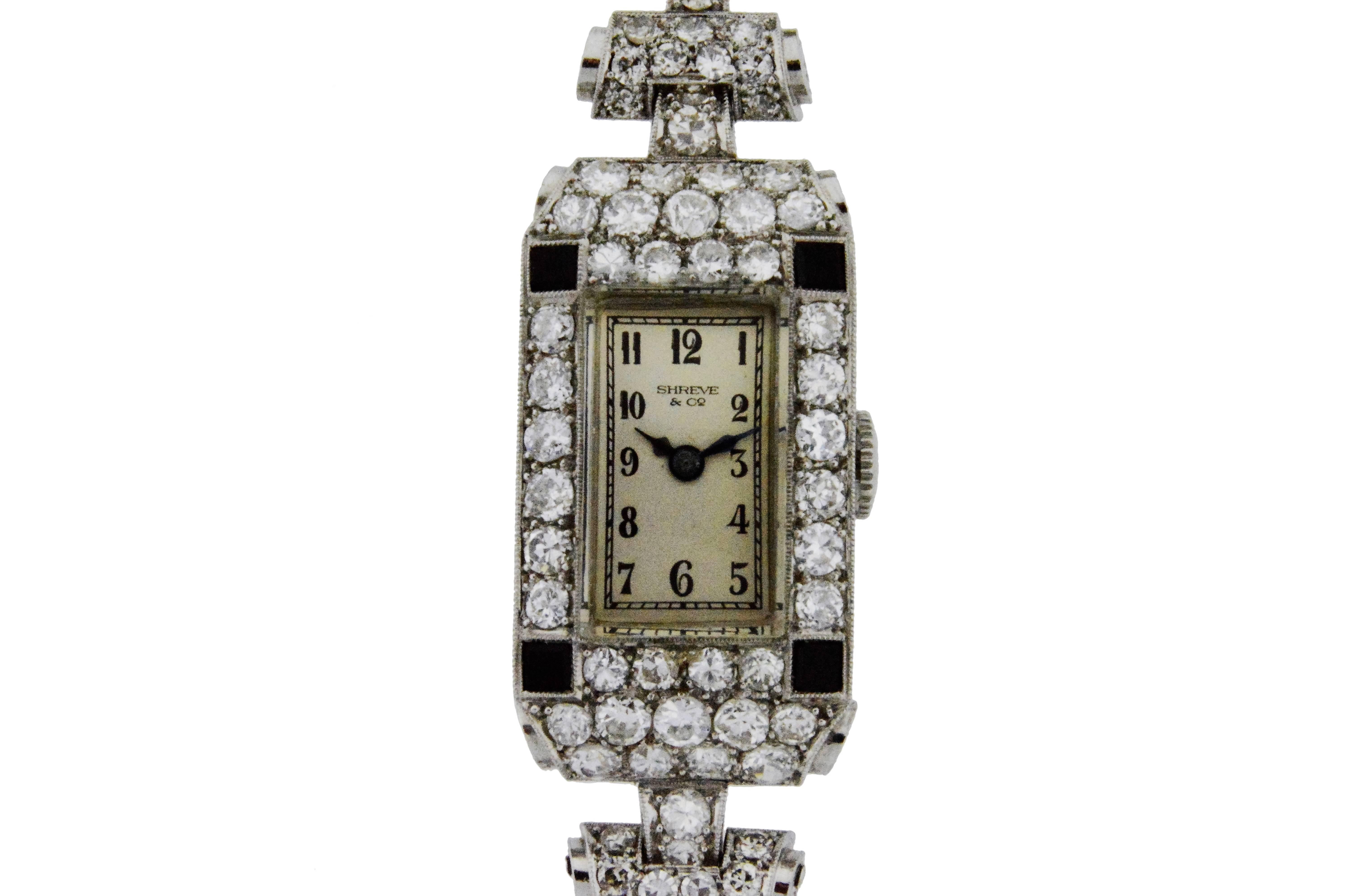 FACTORY / HOUSE: Shreve and Company / San Francisco
STYLE / REFERENCE: Art Deco / Dress Style
METAL / MATERIAL: Platinum and Diamond
DIMENSIONS:  68mm  X  16mm
CIRCA: 1930's
MOVEMENT / CALIBER: Longines / 15 Jewels / Manual Winding
DIAL / HANDS: