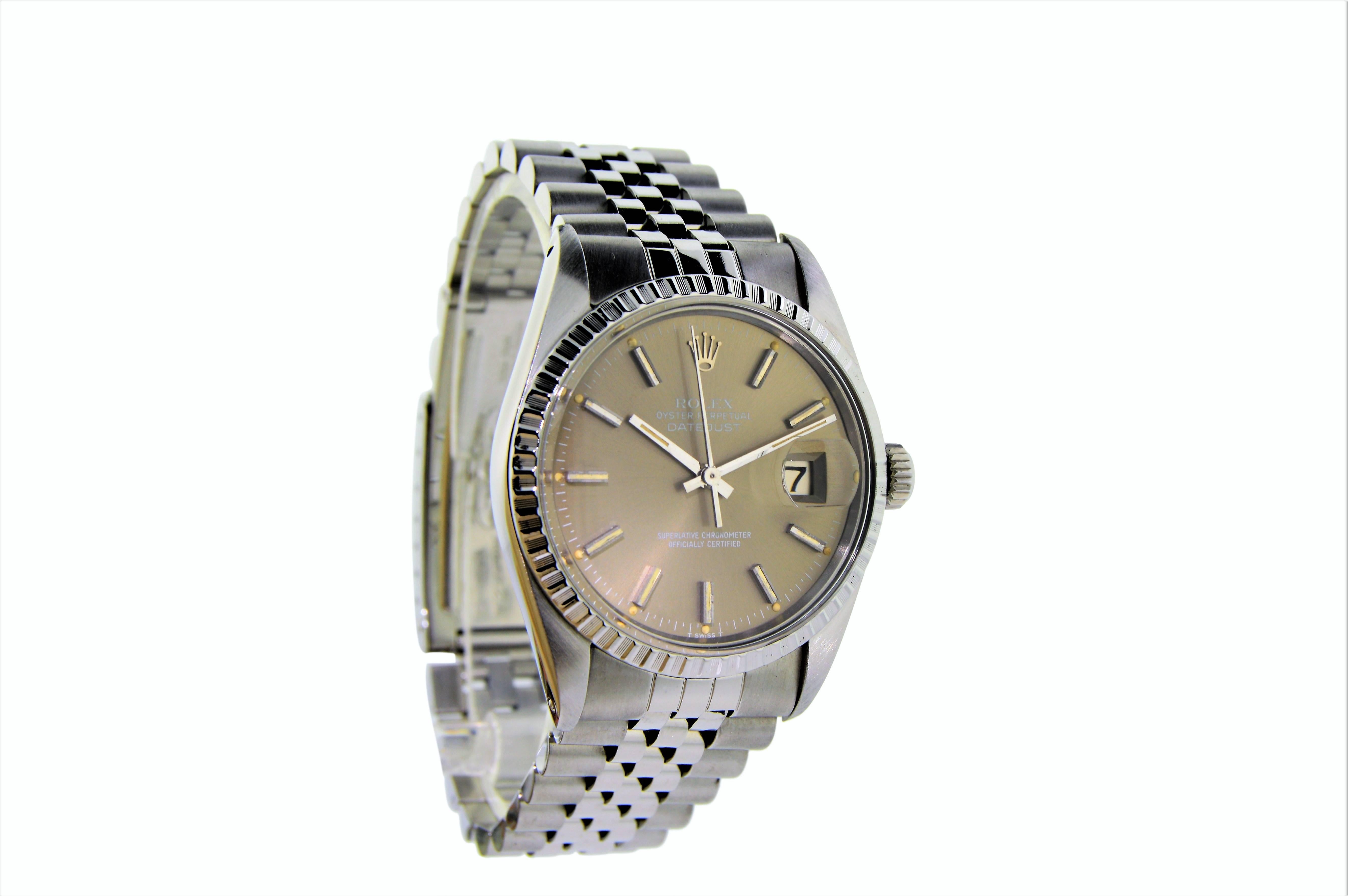 FACTORY / HOUSE: Rolex Watch Company
STYLE / REFERENCE: Datejust / Ref. 16030
METAL / MATERIAL: Stainless Steel 
DIMENSIONS:  44mm  X  36mm
CIRCA: Late 1970's
MOVEMENT / CALIBER: Perpetual Winding / 27 Jewels / Cal. 3035
DIAL / HANDS: Charcoal