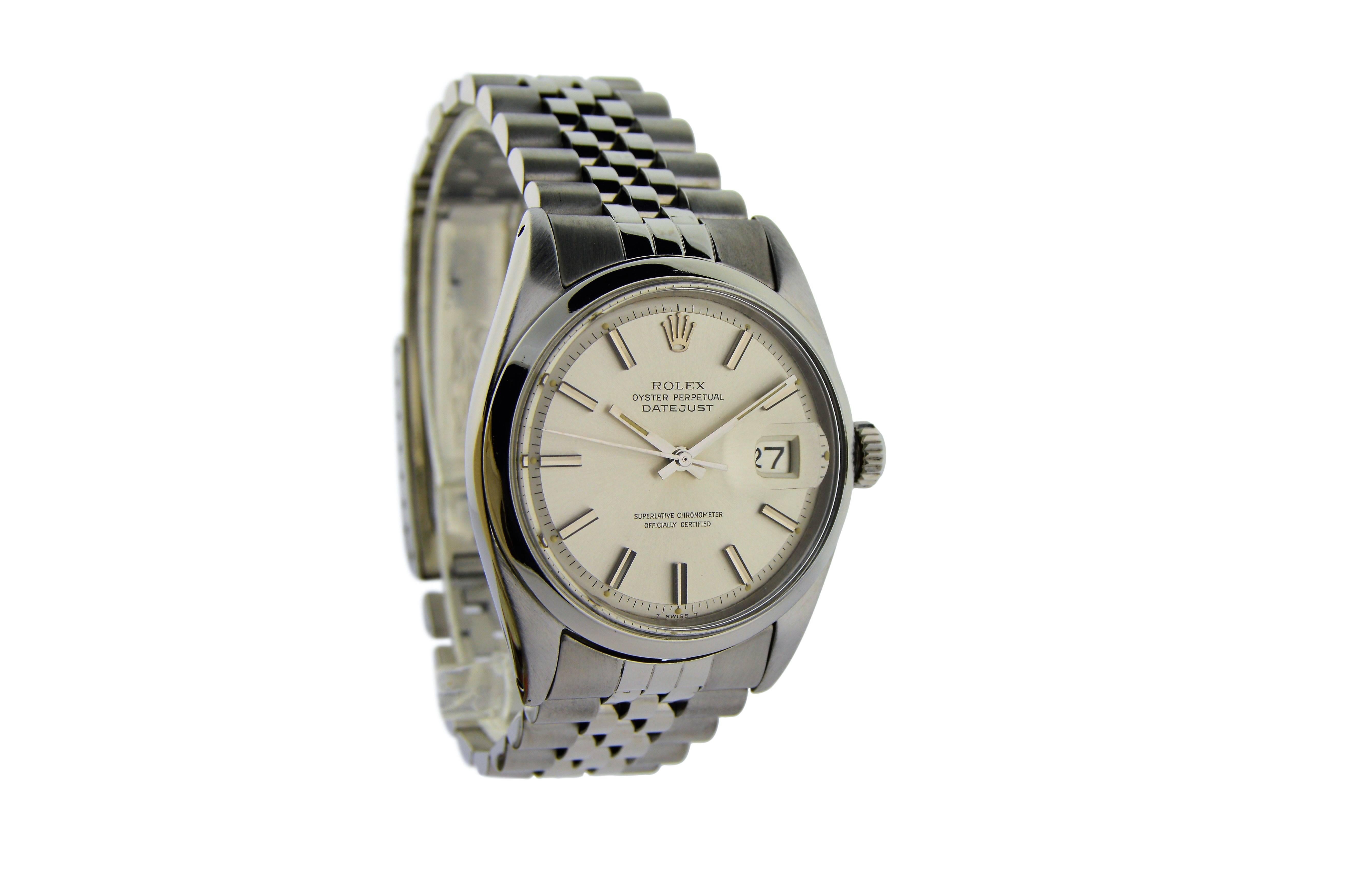 FACTORY / HOUSE: Rolex Watch Company
STYLE / REFERENCE: Oyster Perpetual Datejust / Ref. 1603
METAL / MATERIAL: Stainless Steel 
DIMENSIONS:  44mm  X  36mm
CIRCA: 1968/69
MOVEMENT / CALIBER: Perpetual / 1570
DIAL / HANDS: Original Silvered w/ Batons