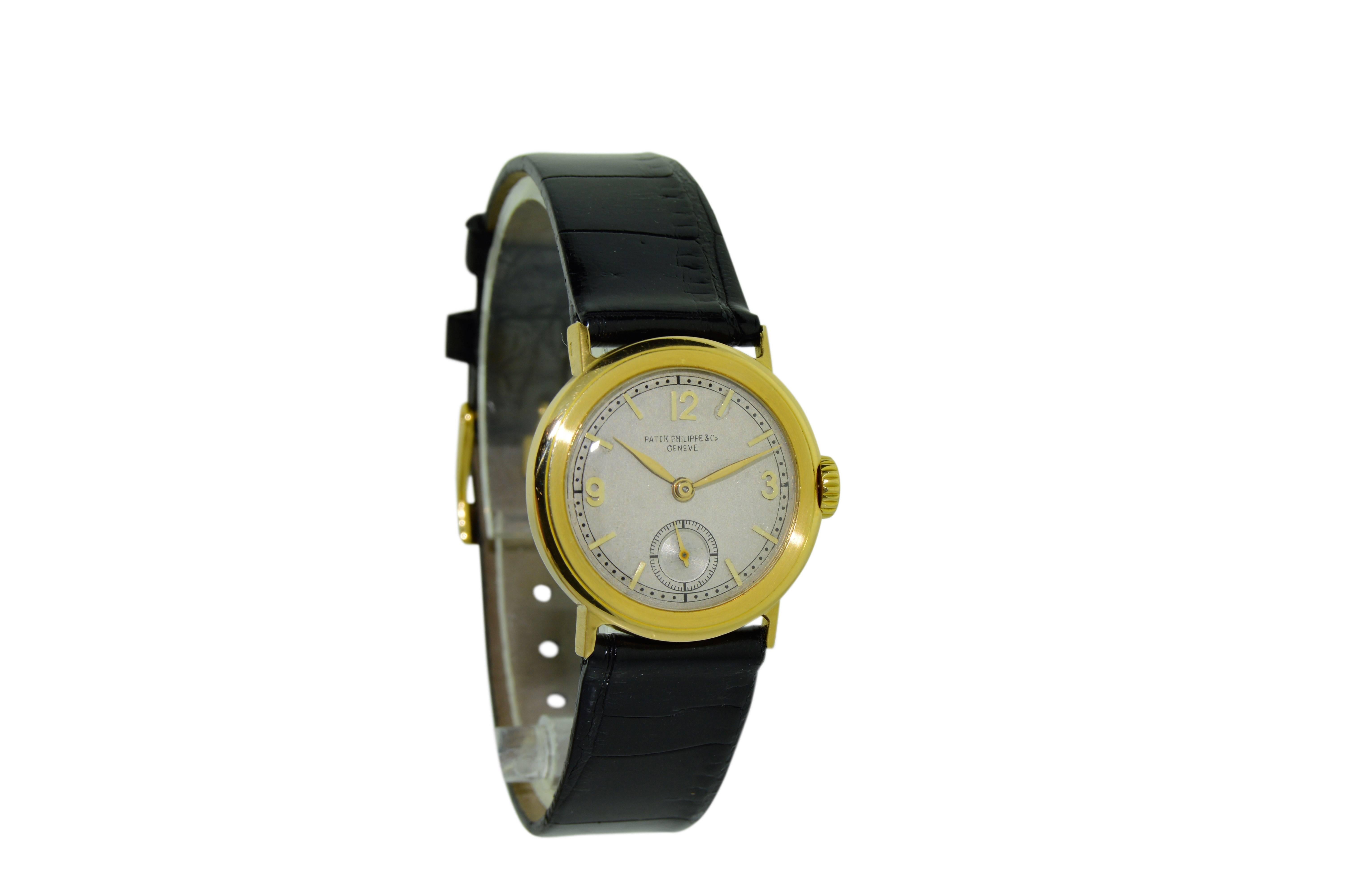 FACTORY / HOUSE: Patek Philippe 
STYLE / REFERENCE: Round Art Deco
METAL / MATERIAL: 18Kt. Yellow Gold 
DIMENSIONS:  30mm  X  27mm
CIRCA: 1943
MOVEMENT / CALIBER: Manual Winding / 18 Jewels / 8 Adjustments
DIAL / HANDS: Original / Silver w/ Enamel