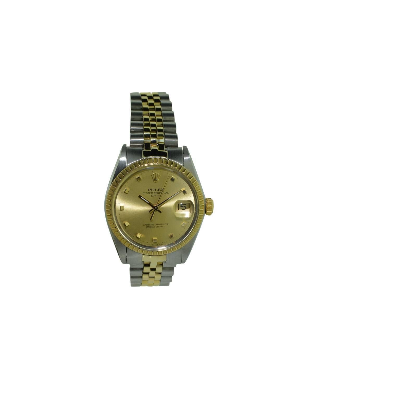 FACTORY / HOUSE: Rolex Watch Company
STYLE / REFERENCE: Datejust / 1505
METAL / MATERIAL: Stainless Steel / 18Kt. Yellow Gold
DIMENSIONS:  46mm  X  33mm
CIRCA: 1969 / 70
MOVEMENT / CALIBER: Perpetual Winding / 26 Jewels / Cal. 1570
DIAL / HANDS: