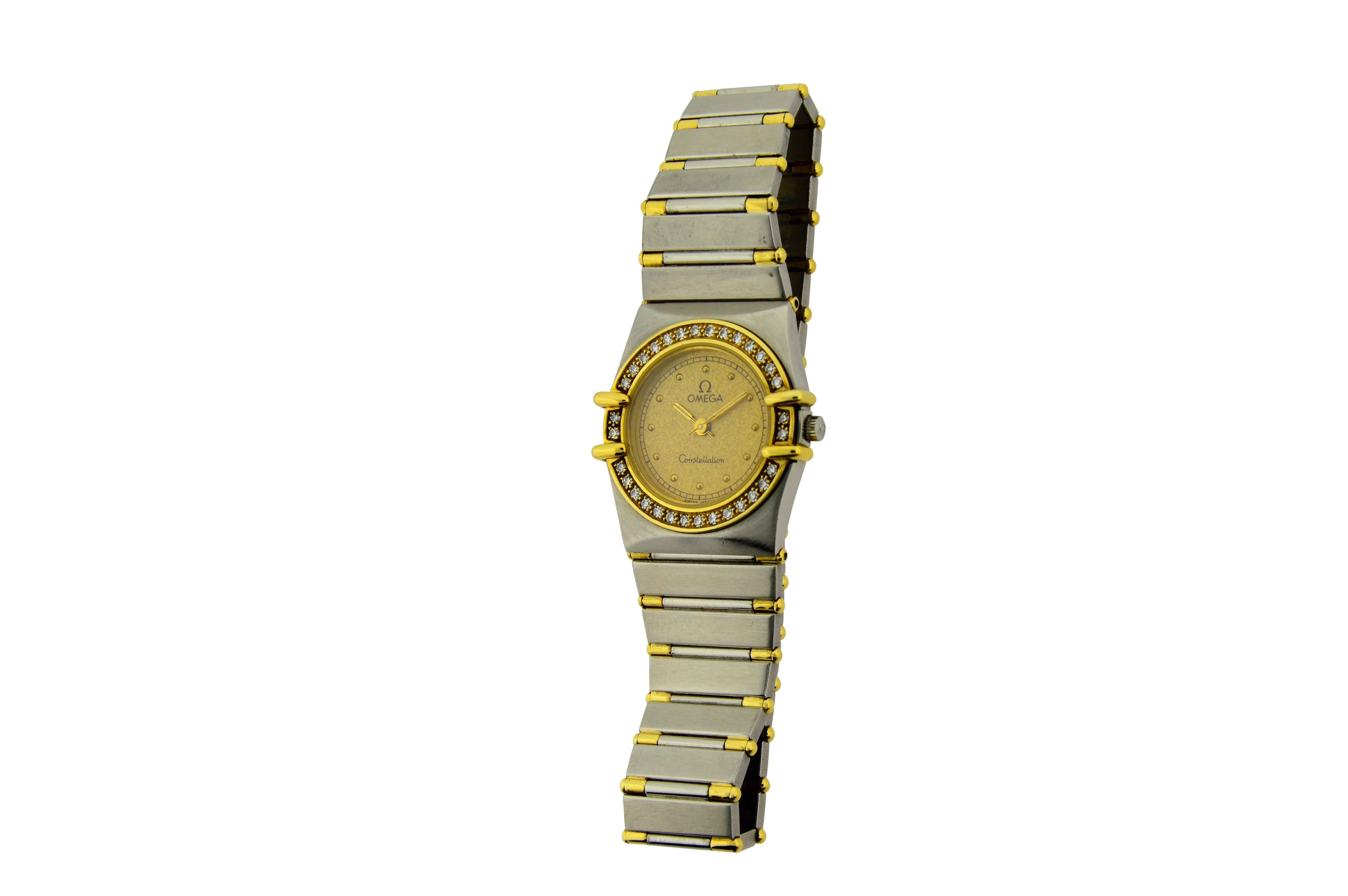 FACTORY / HOUSE: Omega Watch Company
STYLE / REFERENCE: Dress Model / Ref. 7950876
METAL / MATERIAL: Stainless Steel & 18Kt. Yellow Gold
DIMENSIONS:  25mm  X  24mm
CIRCA: 1990's
MOVEMENT / CALIBER: Quartz / Jeweled / Cal. 1455
DIAL / HANDS: Original
