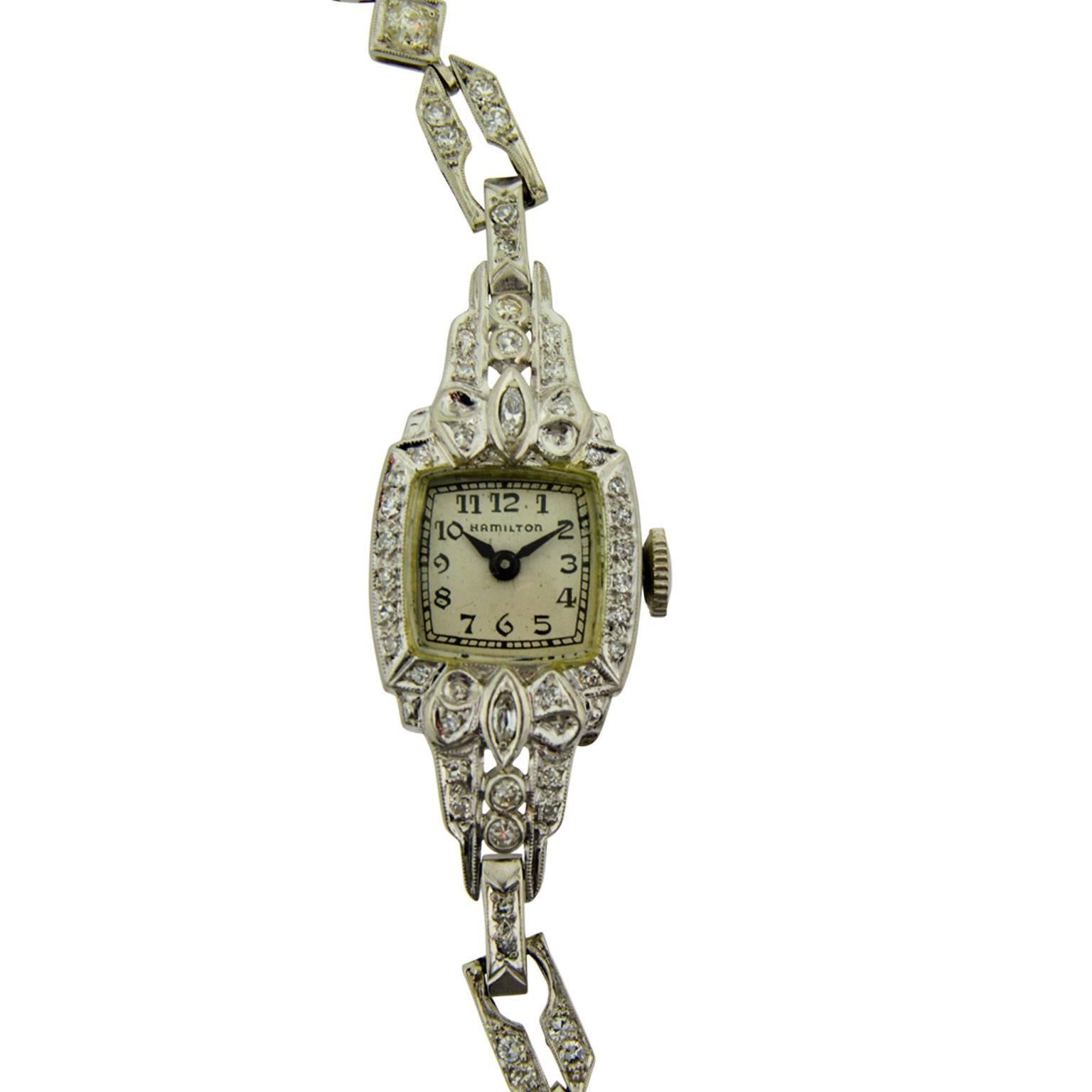 Hamilton Ladies Platinum Diamond Art Deco Bracelet Manual Watch