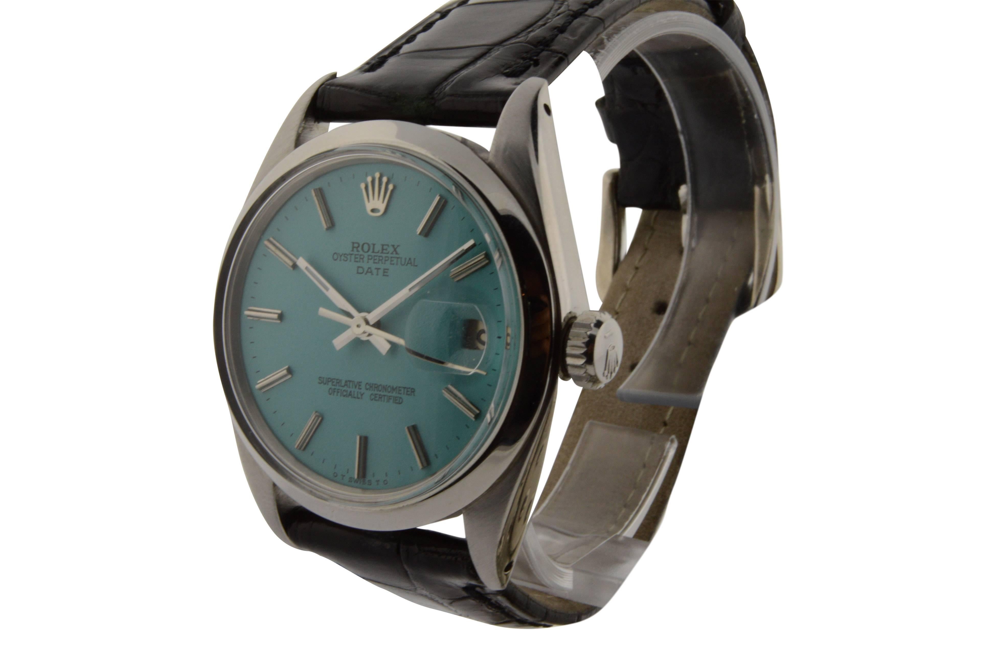 FACTORY / HOUSE:  Rolex Watch Company
STYLE / REFERENCE: Oyster Perpetual Date / Ref. 1500
METAL / MATERIAL: Stainless Steel
DIMENSIONS: 41mm  X  34mm
CIRCA: 1960's
MOVEMENT / CALIBER: 26 Jewels / Cal. 1570
DIAL / HANDS: Blue w/ Batons / Baton